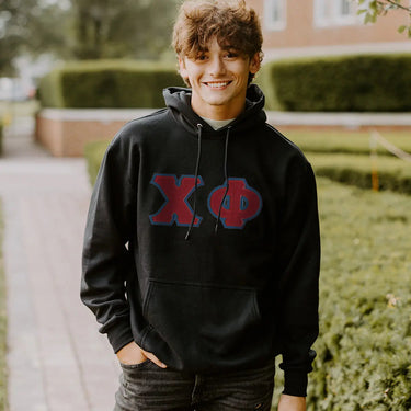 Chi Phi Black Hoodie with Sewn On Greek Letters Chi Phi
