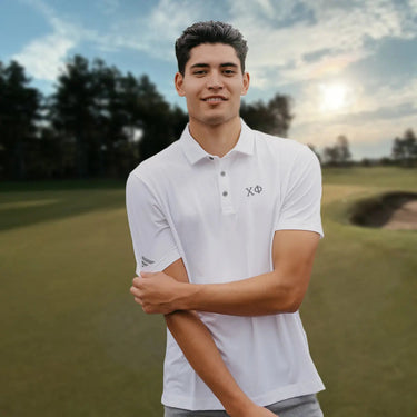 Chi Phi White Adidas Golf Polo With Greek Letters Chi Phi