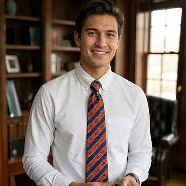 Fraternity man wearing a Chi Phi striped silk neck tie.