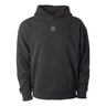 Black heavyweight hoodie with Chi Phi symbol embroidered in white on the center chest.