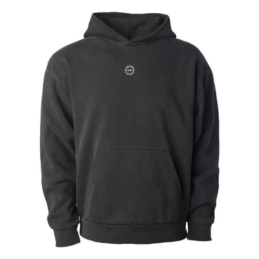 Black heavyweight hoodie with Chi Phi symbol embroidered in white on the center chest.