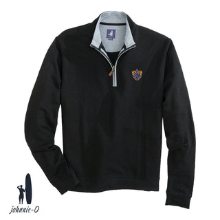 A black johnnie-O quarter-zip pullover with a gray collar and leather zipper pull, featuring an embroidered fraternity crest on the left chest. Displayed on a white background with the johnnie-O logo in the bottom corner.