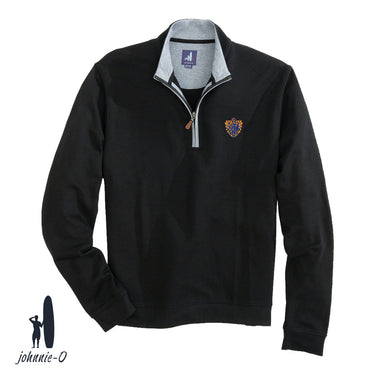 A black johnnie-O quarter-zip pullover with a gray collar and leather zipper pull, featuring an embroidered fraternity crest on the left chest. Displayed on a white background with the johnnie-O logo in the bottom corner.