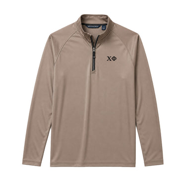 Mushroom Cutter & Buck Adapt quarter-zip pullover with black embroidered Chi Phi Greek letters on the left chest.