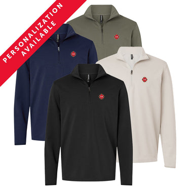 Four Chi Phi Embroidered Luxe Quarter Zips in black, smoke, navy, and pine colors with Symbol embroidery on the left chest. Banner reads Personalization Available.