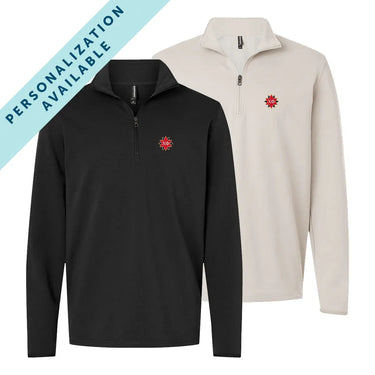 Two Chi Phi Embroidered Luxe Quarter Zips in black and smoke colors with crest embroidery on the left chest. Banner reads Personalization Available.