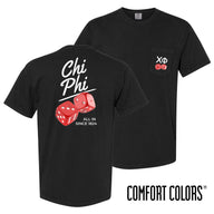 Comfort Colors High Roller Tee shown front and back, featuring a small dice graphic on the chest pocket and a large casino-inspired dice design on the back.