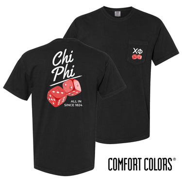 Comfort Colors High Roller Tee shown front and back, featuring a small dice graphic on the chest pocket and a large casino-inspired dice design on the back.