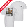 White short-sleeve graphic T-shirt featuring a small left chest print and a large outdoor-inspired illustration on the back.