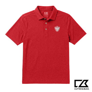 Red heathered Cutter & Buck polo with an embroidered crest on the chest.