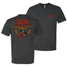 Charcoal t-shirt called the Chi Phi World Tour tee with vintage rock-inspired design, bold Chi Phi letters on front, and fiery guitar graphic on back.