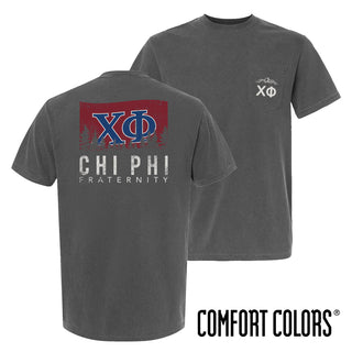 Fraternity grey short sleeve tee with colorful flag design on back and chest pocket log