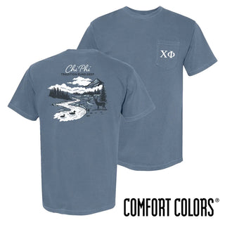 Chi Phi fraternity t-shirt featuring an outdoor nature scene.