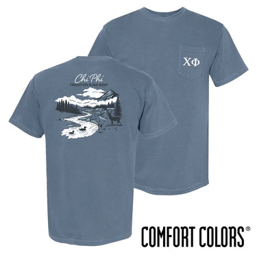 Chi Phi fraternity t-shirt featuring an outdoor nature scene.