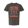 Chi Phi Collegiate Crest Graphic Tee in charcoal grey featuring bold Chi Phi lettering, fraternity crest, Greek letters, and established year design.