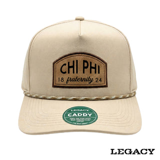 Cream Legacy brand rope hat featuring a brown fraternity patch, designed for stylish fraternity apparel and casual campus wear.