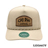 Cream Legacy brand rope hat featuring a brown fraternity patch, designed for stylish fraternity apparel and casual campus wear.