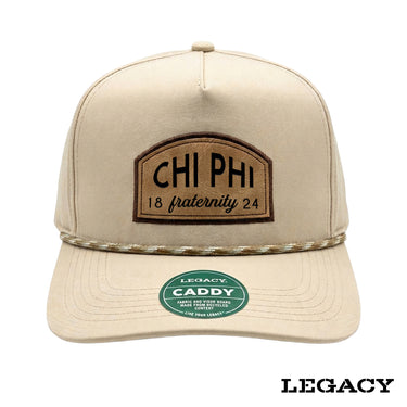 Cream Legacy brand rope hat featuring a brown fraternity patch, designed for stylish fraternity apparel and casual campus wear.