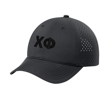 Performance golf hat with black 3D puff embroidered Greek letters on a structured black cap with perforated side panels for breathability