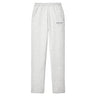 Ash gray classic fleece sweatpants with a relaxed straight-leg fit, elastic waistband, open-bottom cuffs, and subtle printed design on the upper leg.