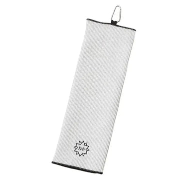 Chi Phi embroidered golf towel with Greek letters.